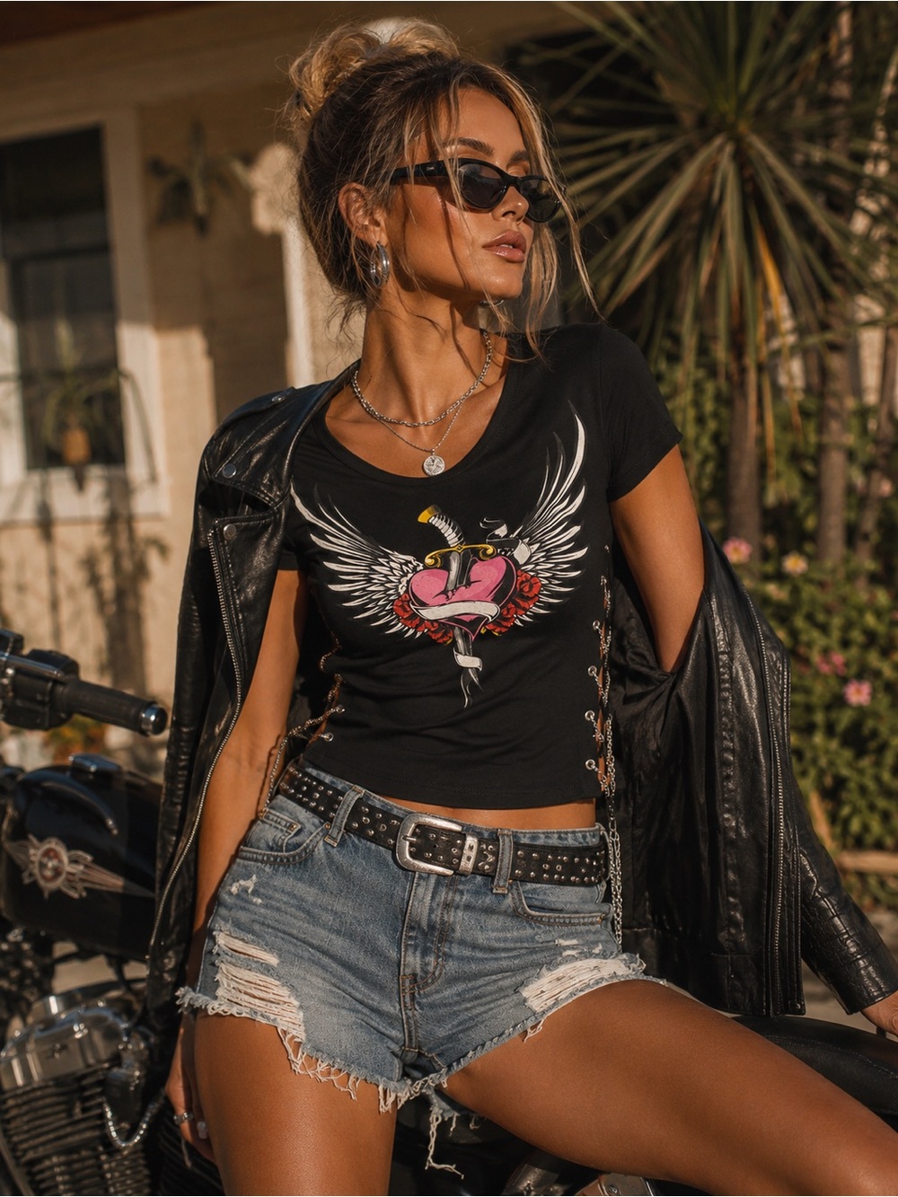 Ruby & Lace Black Graphic Biker Top Lace Up Sides Y2K Goth Moto Chic Sz XS